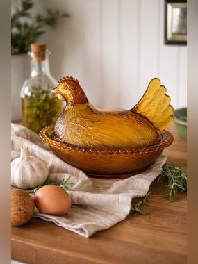 VINTAGE AMBER HEN ON NEST GLASS DISH BEADED RIM FARMHOUSE DECOR